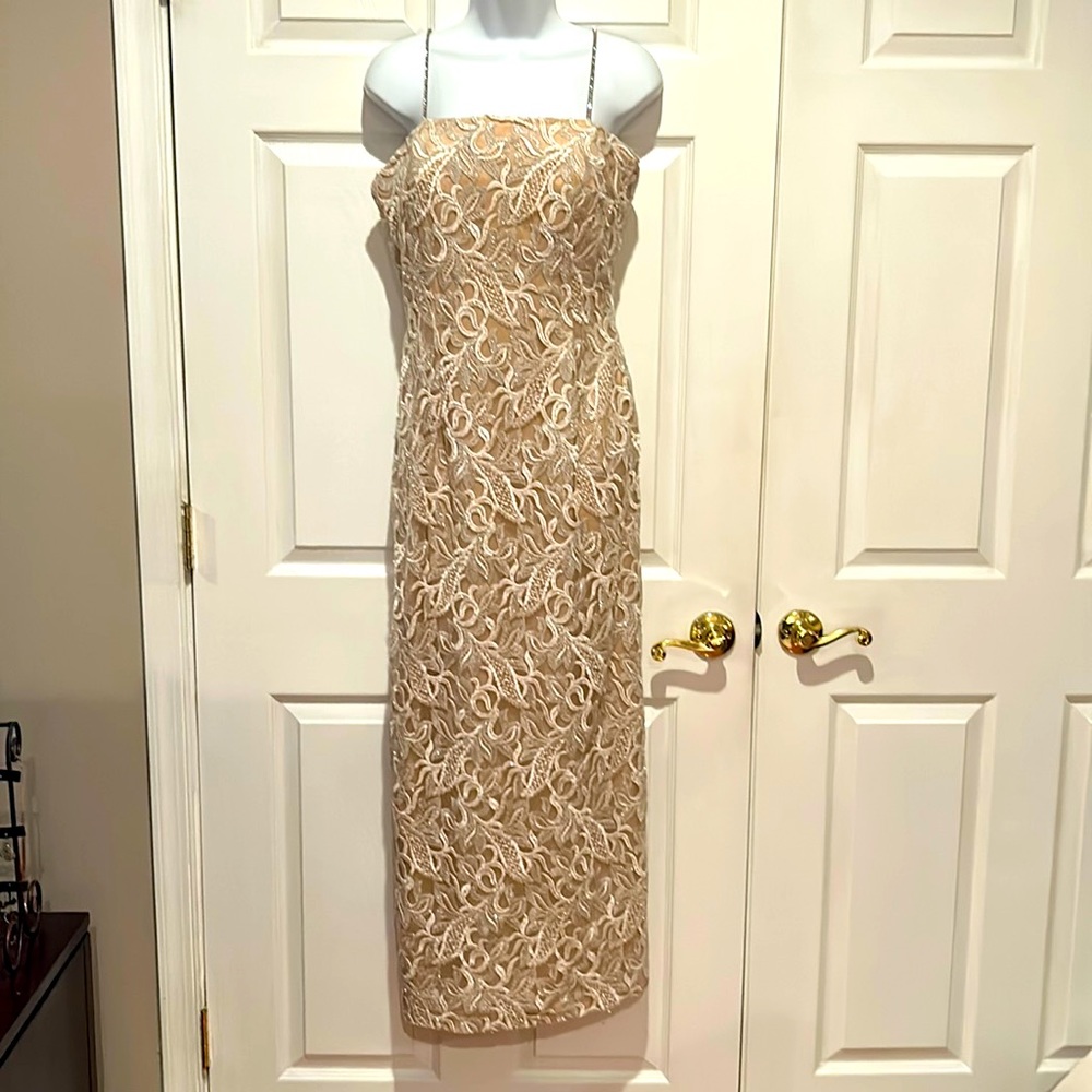 Montage by Mon Cherie Nude Lace Rhinestone Strap Gown Sz 10